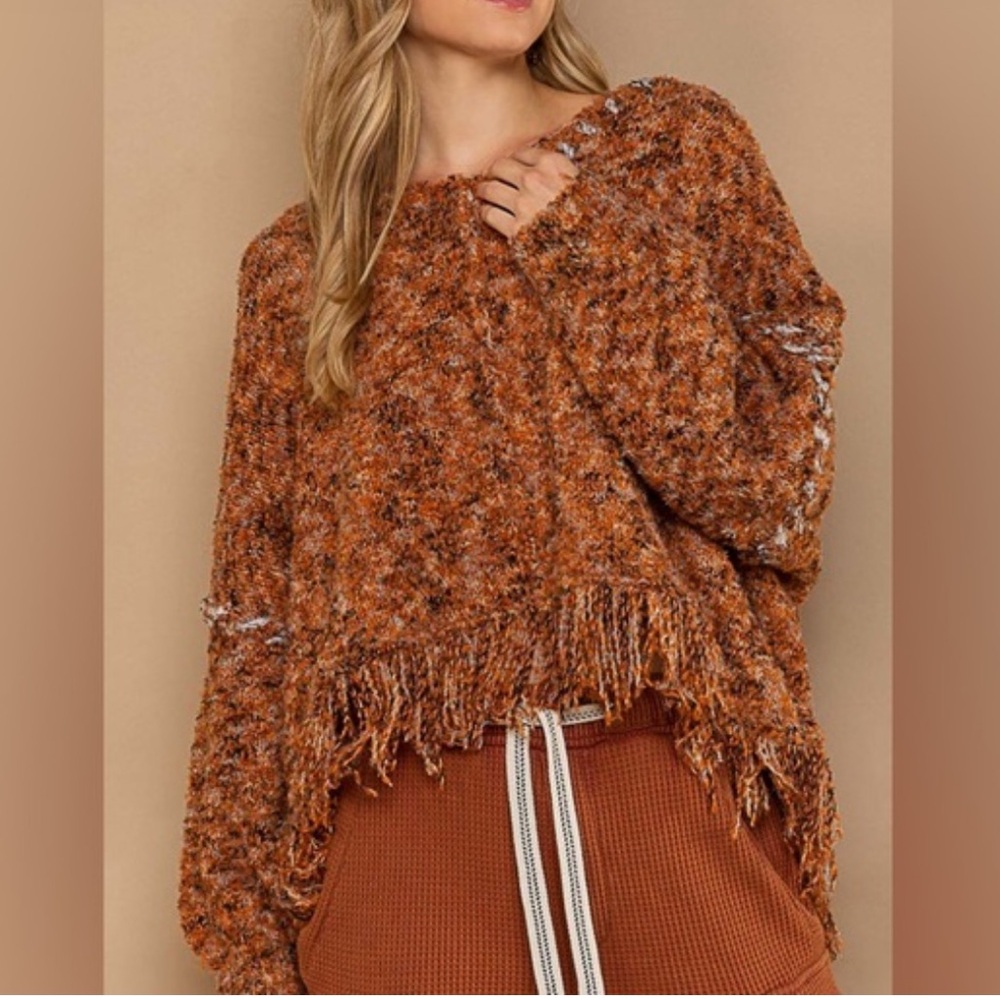 Cozy Oversized Fringe Sweater - Rust Brown